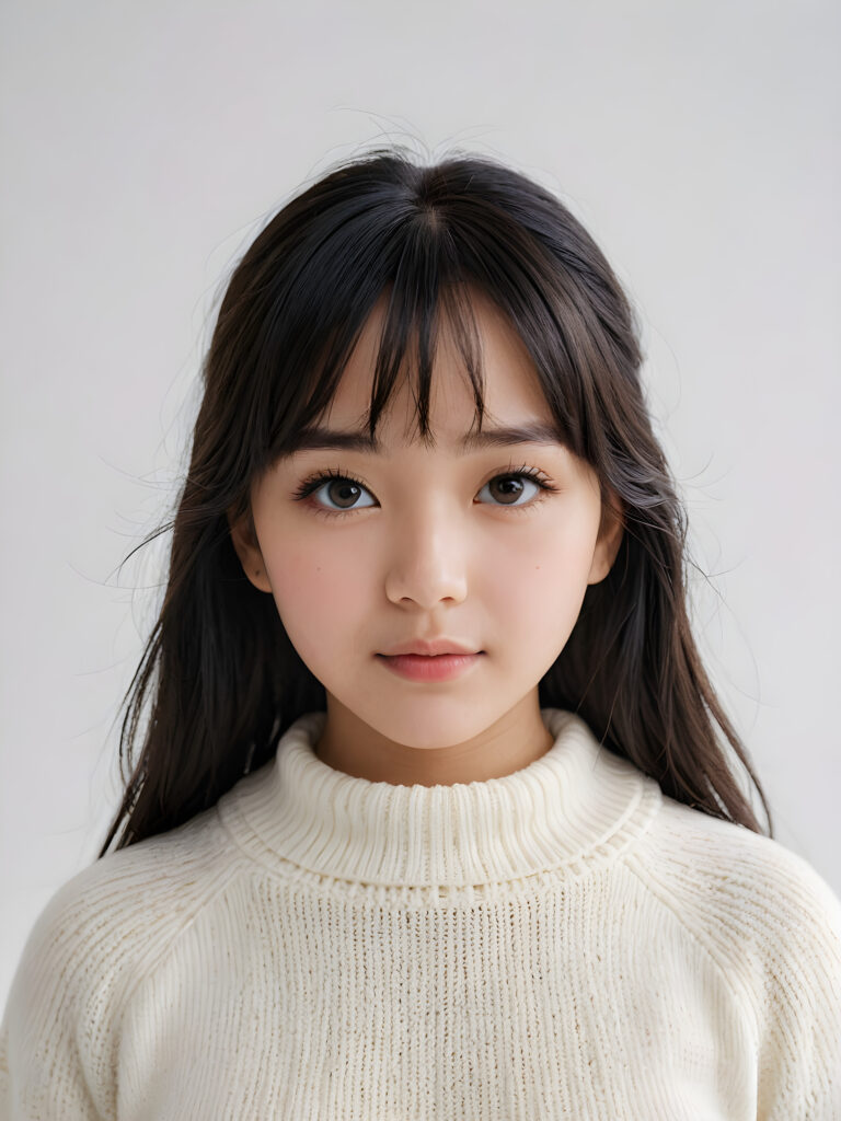 a detailed an realistic photo from a young teen girl, jet black thick straight hair and bangs, white wool sweater, ((white background))