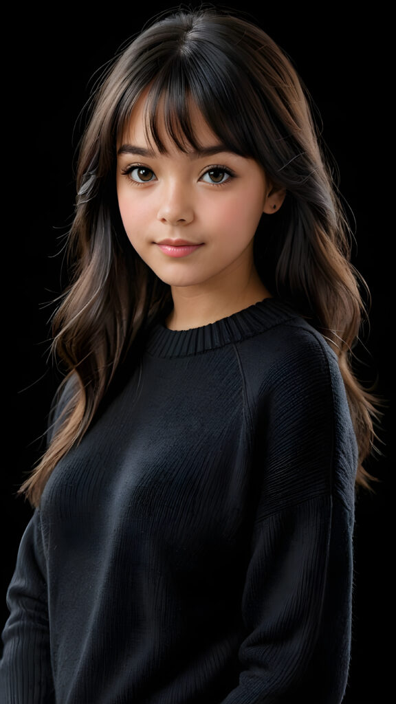 a detailed an realistic photo from a young tanned teen girl, 13 years old, jet raven black thick straight hair and bangs, black wool sweater, ((stunning)), ((gorgeous)), ((black background))