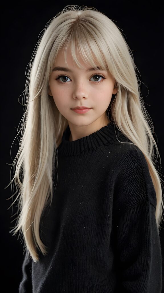 a detailed an realistic photo from a young teen girl, 13 years old, jet white thick straight hair and bangs, grey wool sweater, ((stunning)), ((gorgeous)), ((black background))