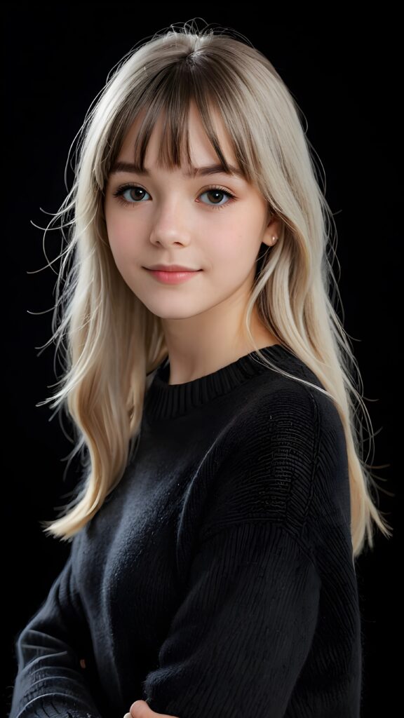 a detailed an realistic photo from a young teen girl, 13 years old, jet white thick straight hair and bangs, grey wool sweater, ((stunning)), ((gorgeous)), ((black background))