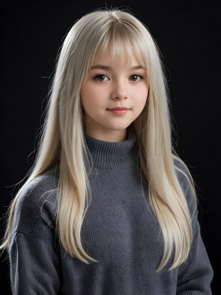 a detailed an realistic photo from a young teen girl, 13 years old, (((jet platinum-white thick straight long hair)) and bangs), ((wears a fine grey wool sweater)), ((stunning)), ((gorgeous)), ((black background)) ((side view))