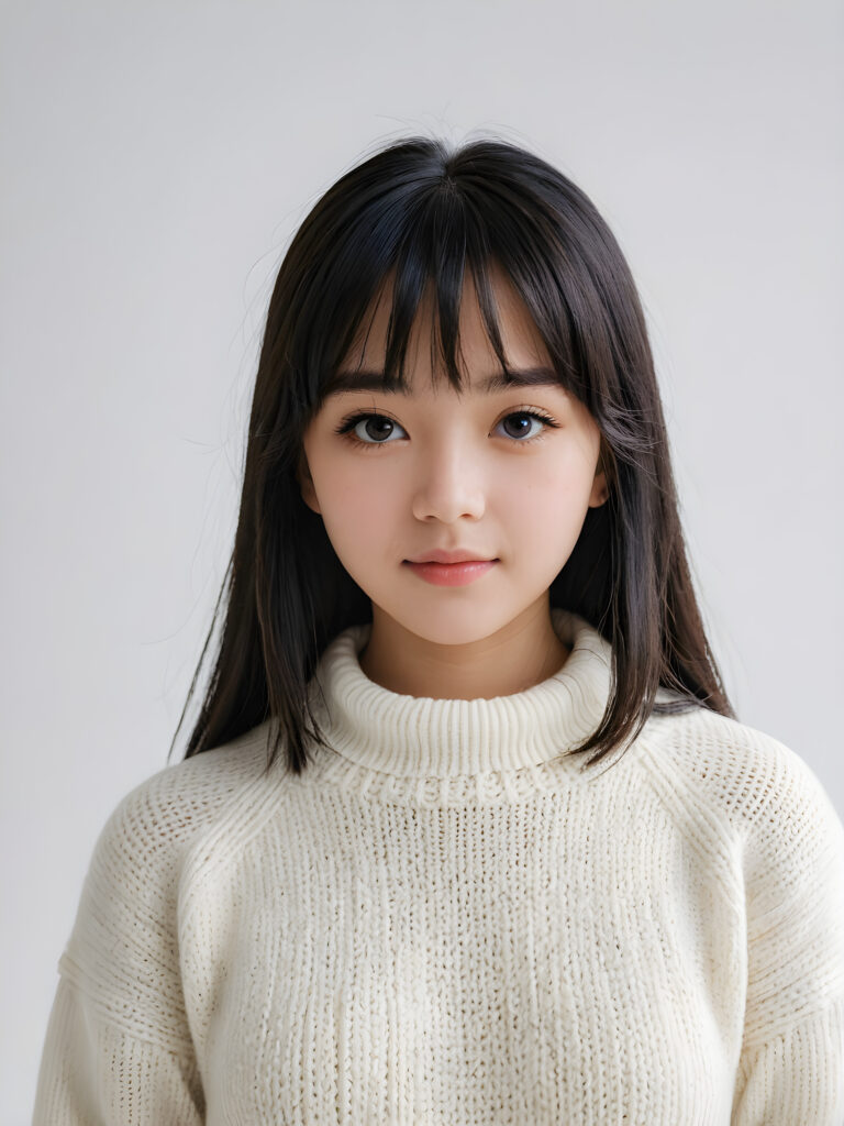 a detailed an realistic photo from a young teen girl, jet black thick straight hair and bangs, white wool sweater, ((white background))