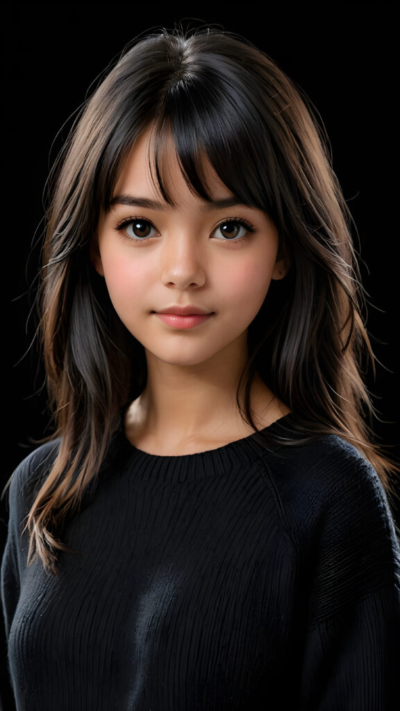 a detailed an realistic photo from a young tanned teen girl, 13 years old, jet raven black thick straight hair and bangs, black wool sweater, ((stunning)), ((gorgeous)), ((black background))