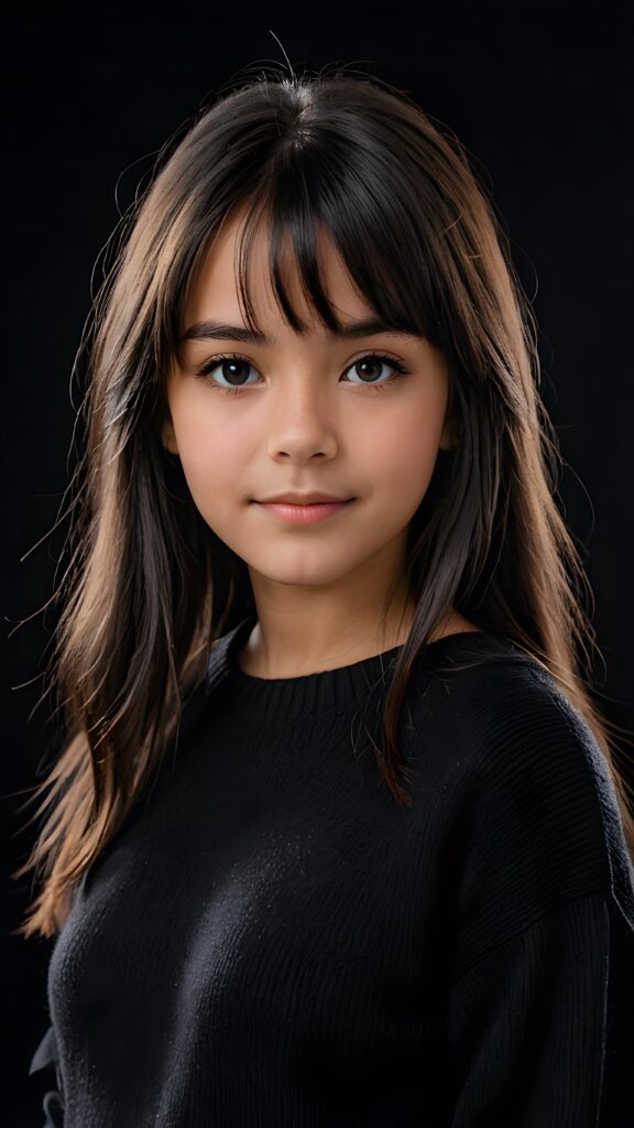 a detailed an realistic photo from a young tanned teen girl, 13 years old, jet raven black thick straight hair and bangs, black wool sweater, ((stunning)), ((gorgeous)), ((black background))