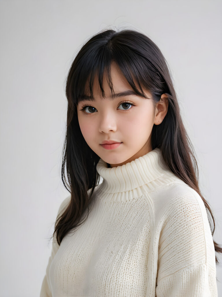 a detailed an realistic photo from a young teen girl, jet black thick straight hair and bangs, white wool sweater, ((white background))