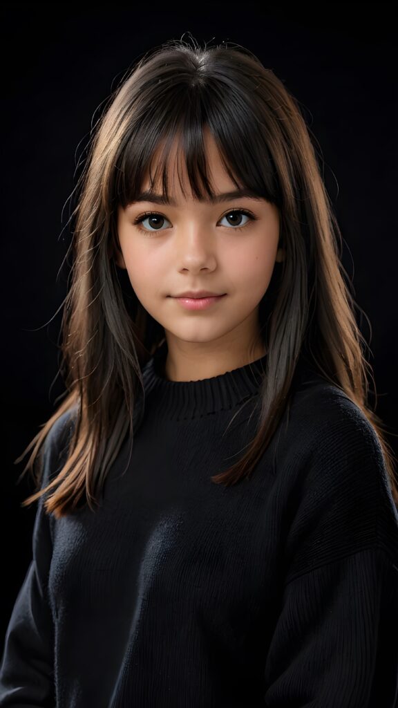 a detailed an realistic photo from a young tanned teen girl, 13 years old, jet raven black thick straight hair and bangs, black wool sweater, ((stunning)), ((gorgeous)), ((black background))