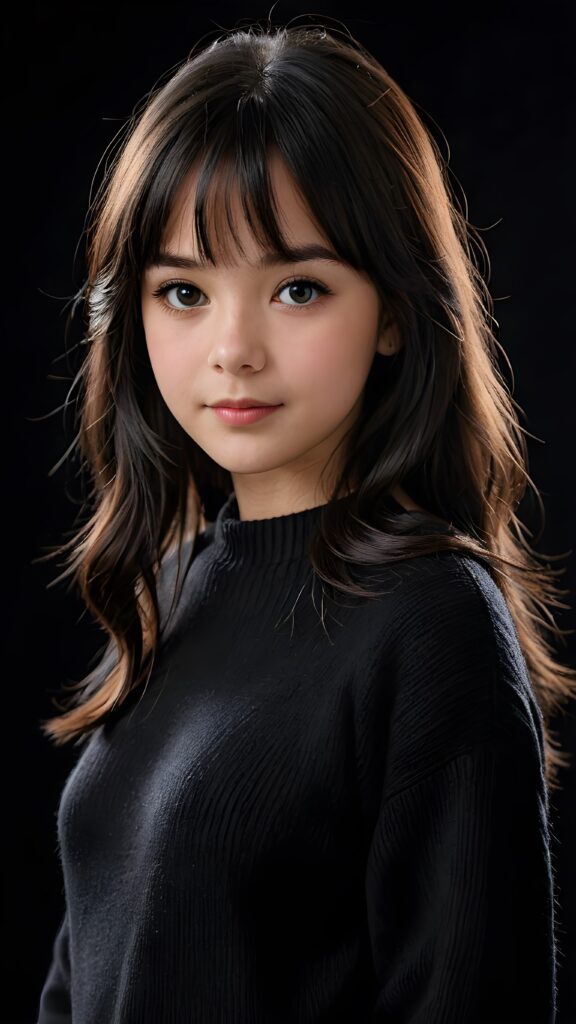 a detailed an realistic photo from a young teen girl, 13 years old, jet raven black thick straight hair and bangs, black wool sweater, ((stunning)), ((gorgeous)), ((black background))