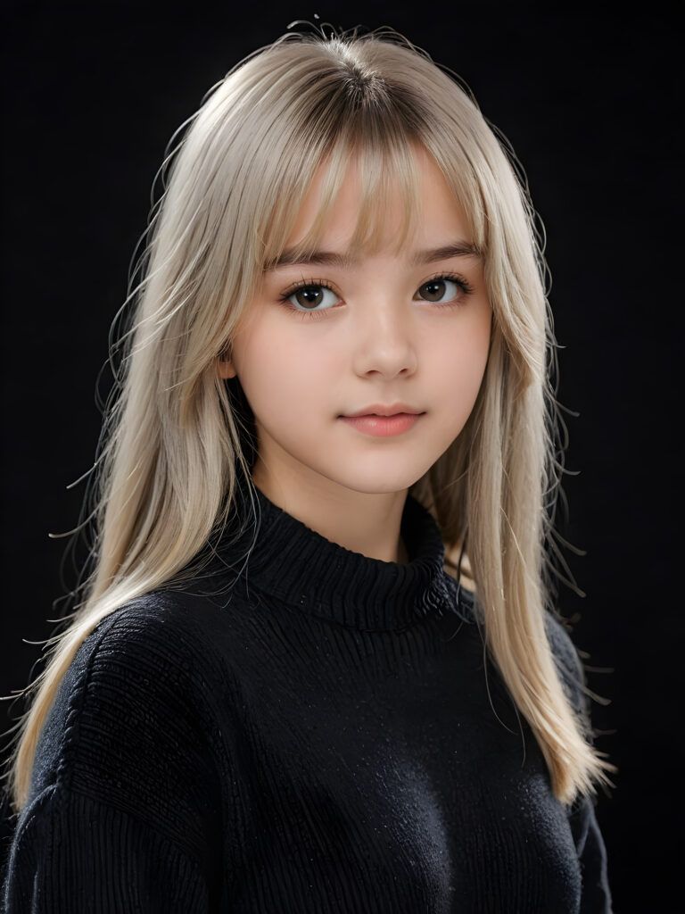 a detailed an realistic photo from a young teen girl, 13 years old, jet white thick straight hair and bangs, grey wool sweater, ((stunning)), ((gorgeous)), ((black background))