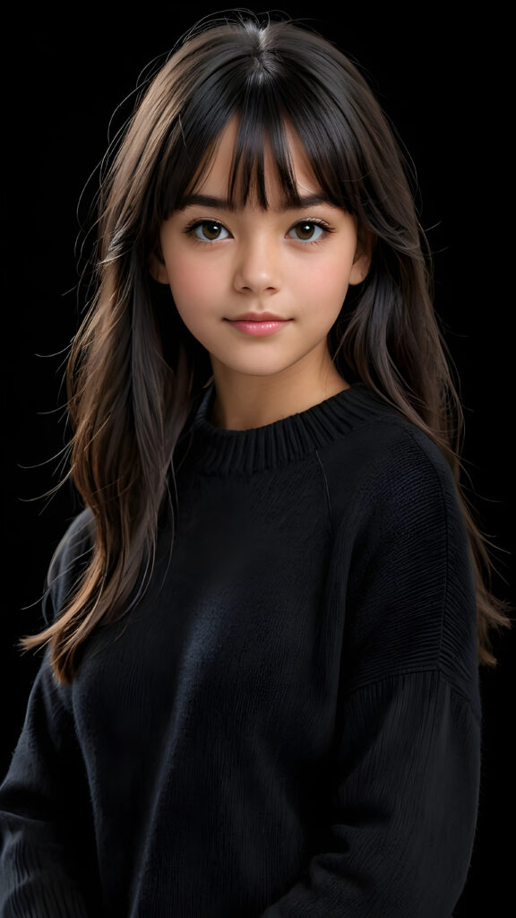 a detailed an realistic photo from a young tanned teen girl, 13 years old, jet raven black thick straight hair and bangs, black wool sweater, ((stunning)), ((gorgeous)), ((black background))