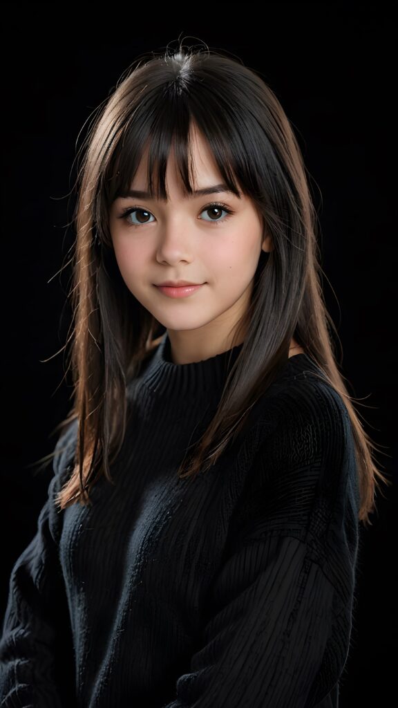 a detailed an realistic photo from a young teen girl, 13 years old, jet raven black thick straight hair and bangs, black wool sweater, ((stunning)), ((gorgeous)), ((black background))