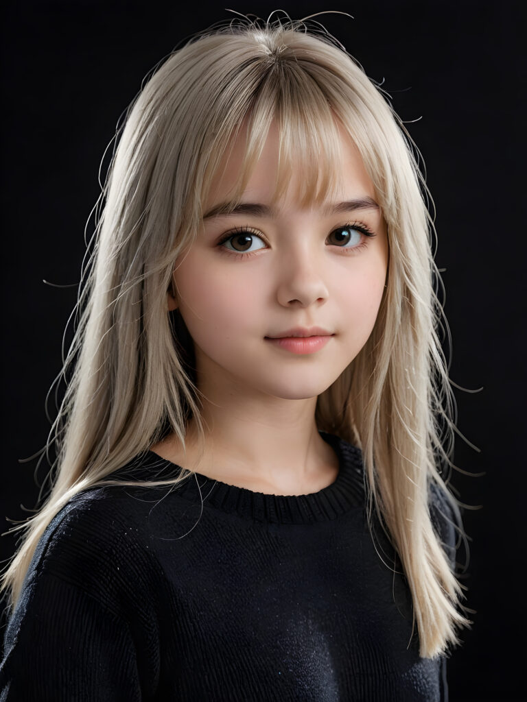 a detailed an realistic photo from a young teen girl, 13 years old, jet white thick straight hair and bangs, grey wool sweater, ((stunning)), ((gorgeous)), ((black background))