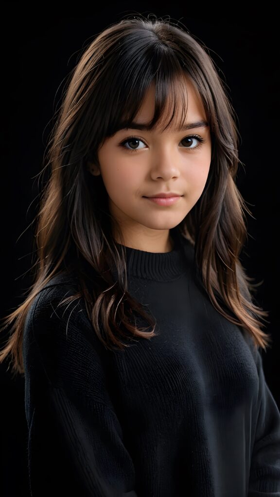 a detailed an realistic photo from a young tanned teen girl, 13 years old, jet raven black thick straight hair and bangs, black wool sweater, ((stunning)), ((gorgeous)), ((black background))