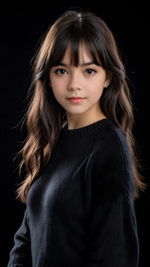 a detailed an realistic photo from a young teen girl, 13 years old, jet raven black thick straight hair and bangs, black wool sweater, ((stunning)), ((gorgeous)), ((black background))