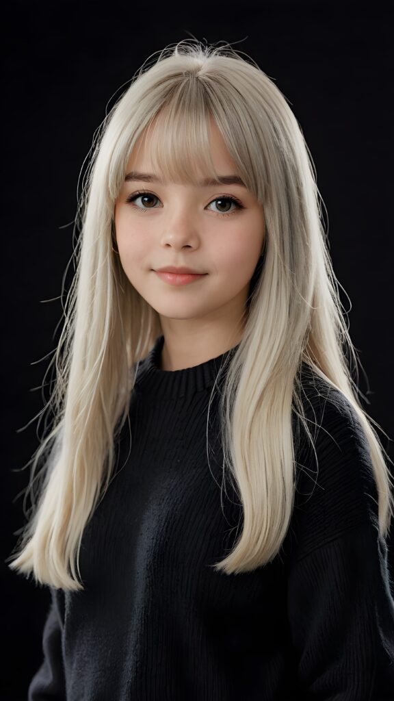 a detailed an realistic photo from a young teen girl, 13 years old, jet white thick straight hair and bangs, grey wool sweater, ((stunning)), ((gorgeous)), ((black background))