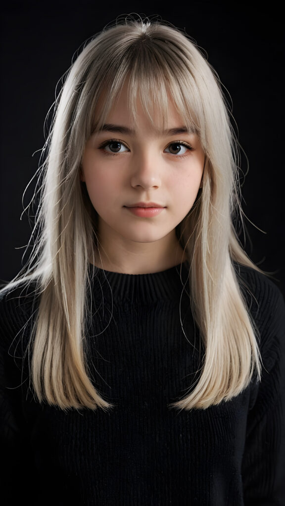 a detailed an realistic photo from a young teen girl, 13 years old, jet white thick straight hair and bangs, grey wool sweater, ((stunning)), ((gorgeous)), ((black background)), perfect light and shadows