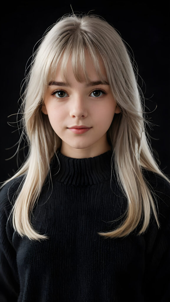 a detailed an realistic photo from a young teen girl, 13 years old, jet white thick straight hair and bangs, grey wool sweater, ((stunning)), ((gorgeous)), ((black background)), perfect light and shadows