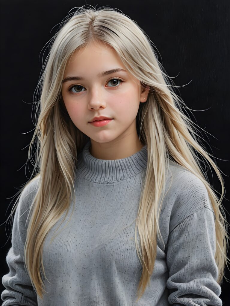 a detailed an realistic photo from a young teen girl, 13 years old, (((jet platinum-white thick straight long hair)) and bangs), ((wears a fine grey wool sweater)), ((stunning)), ((gorgeous)), ((black background)) ((side view))