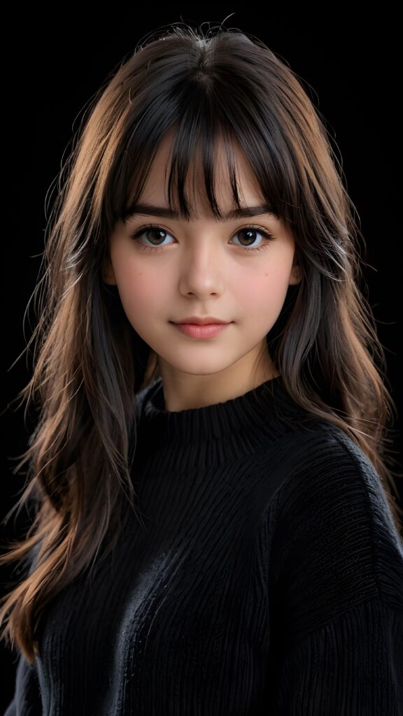 a detailed an realistic photo from a young teen girl, 13 years old, jet raven black thick straight hair and bangs, black wool sweater, ((stunning)), ((gorgeous)), ((black background))