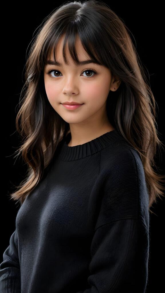 a detailed an realistic photo from a young tanned teen girl, 13 years old, jet raven black thick straight hair and bangs, black wool sweater, ((stunning)), ((gorgeous)), ((black background))