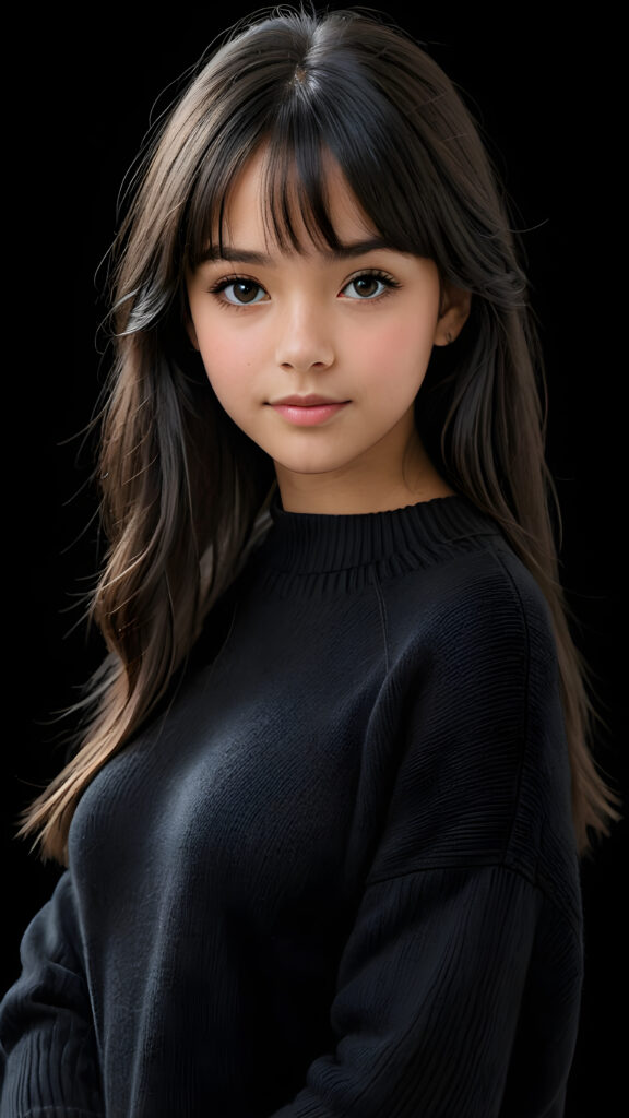 a detailed an realistic photo from a young tanned teen girl, 13 years old, jet raven black thick straight hair and bangs, black wool sweater, ((stunning)), ((gorgeous)), ((black background))