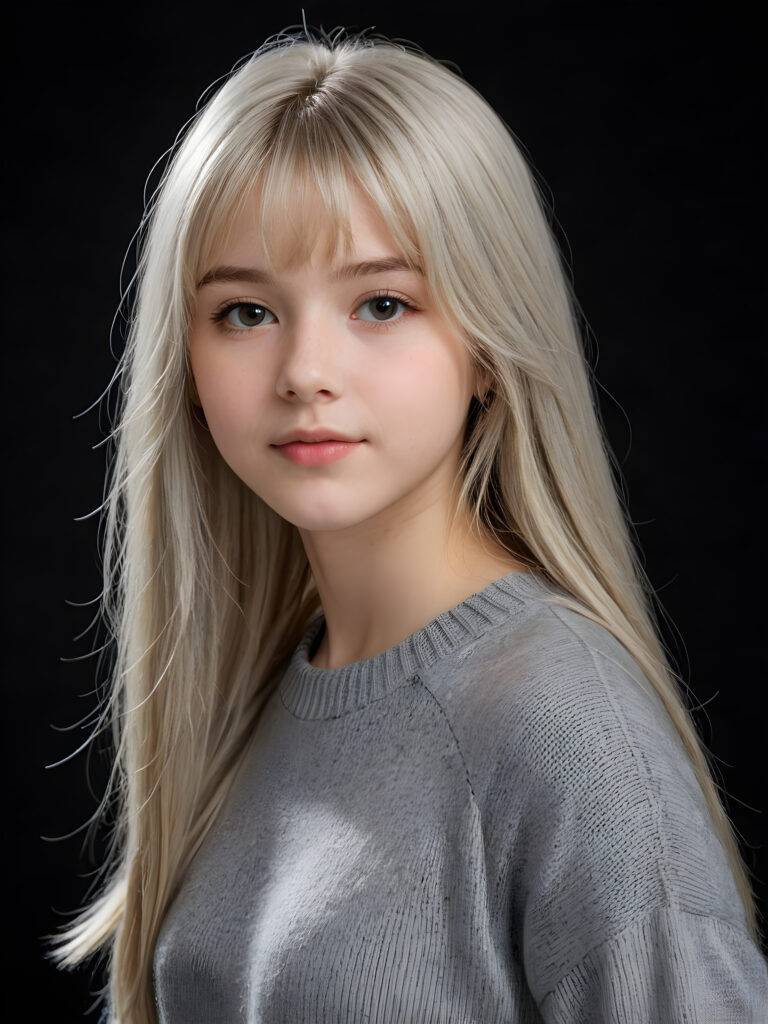 a detailed an realistic photo from a young teen girl, 13 years old, (((jet platinum-white thick straight long hair)) and bangs), ((wears a fine grey wool sweater)), ((stunning)), ((gorgeous)), ((black background)) ((side view))