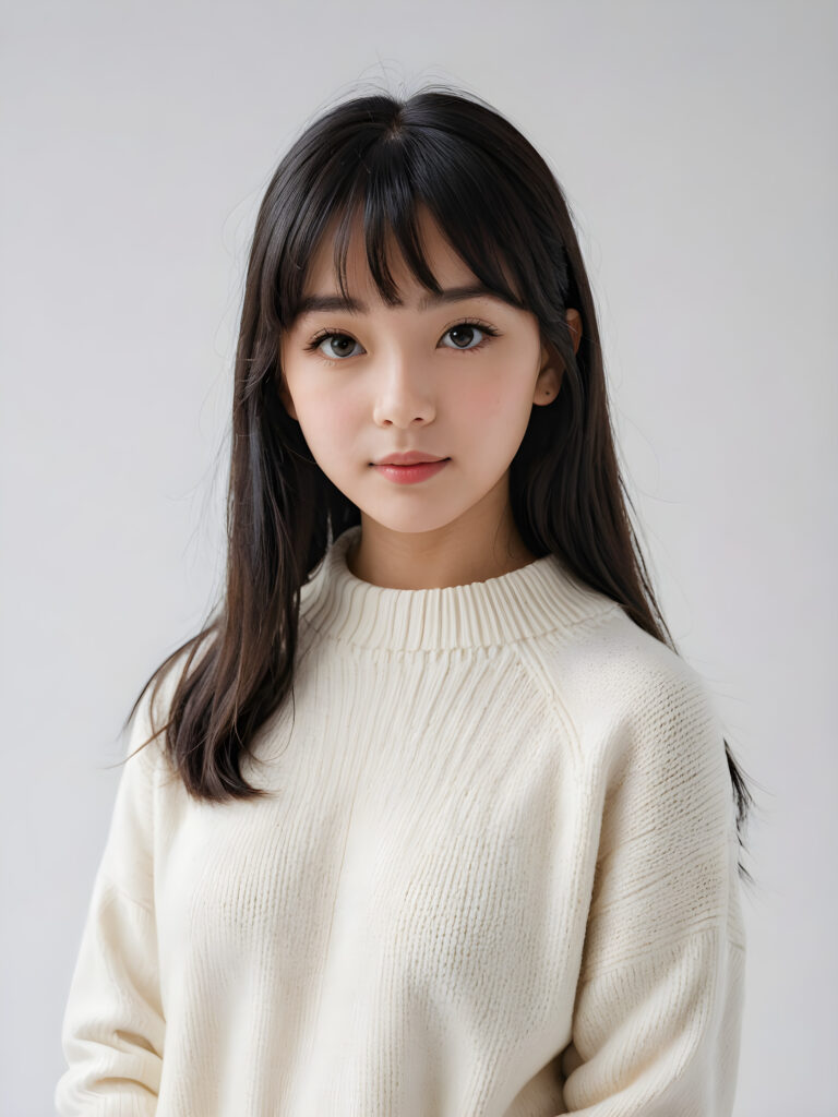 a detailed an realistic photo from a young teen girl, jet black thick straight hair and bangs, white wool sweater, ((white background))