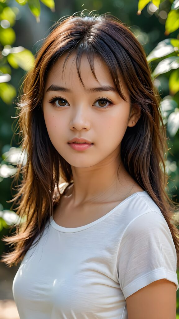 a detailed and realistic upper-body portrait from a Asian teen model girl, 15 years old, against a natural backdrop, detailed soft hair, her hair falls over her shoulders and reaches down to her waist, styled bangs, white short crop tight t-shirt, perfect curved body, ultra realistic round face, realistic amber eyes, kissable lips, she has opened her mouth slightly and looks seductively at the viewer, a photo with beautiful saturation, ultra high resolution, deep shadow, (best quality, masterpiece), break depth of field, film grain, ((full body view)) ((cute)) ((stunning))