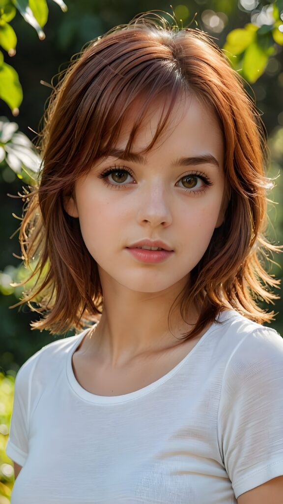 a detailed and realistic upper-body portrait from a teen model girl, 15 years old, against a natural backdrop, detailed soft auburn-red hair, her hair falls over her shoulders and reaches down to her waist, styled bangs, white short crop tight t-shirt, perfect curved body, ultra realistic round face, realistic amber eyes, kissable lips, she has opened her mouth slightly and looks seductively at the viewer, a photo with beautiful saturation, ultra high resolution, deep shadow, (best quality, masterpiece), break depth of field, film grain, ((full body view)) ((cute)) ((stunning))