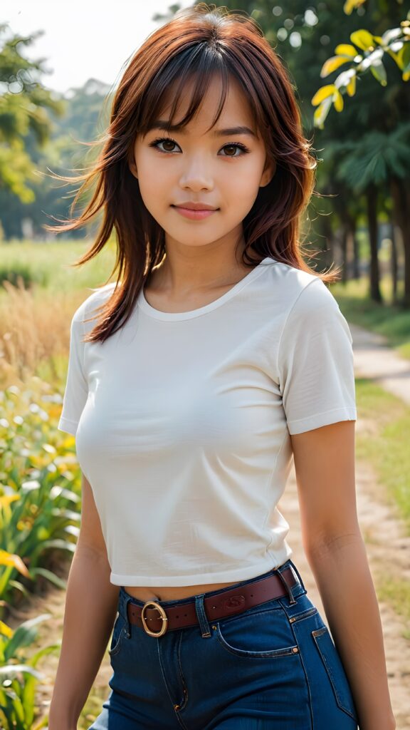 a detailed and realistic portrait from a Filipina teen girl, detailed hair, styled bangs, white short t-shirt, perfect curved body, ultra realistic face, realistic amber eyes, detailed maroon straight hair, a photo with beautiful saturation, ultra high resolution, deep shadow, (best quality, masterpiece), highly detailed, skinny, break depth of field, film grain, looking at viewer, warm smile, ((full body view)) (((cute))) (((elegant))) ((attractive)) ((female model)) ((stunning))