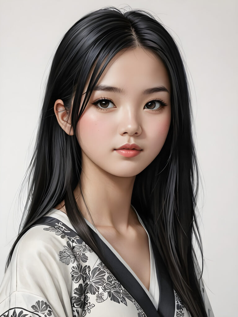 a detailed and realistic picture of a teen girl, traditional Japanese drawing style, she has long straight deep black hair, full lips, round face