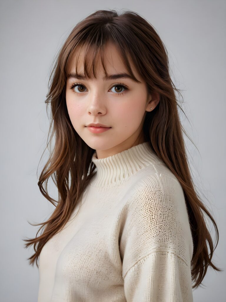 a detailed and realistic photo, a breathtakingly realistic (((portrait))), capturing the essence of a youthful teen girl with a flawlessly proportioned upper body, long, straight soft mahogany brown hair, bangs cut, aged 15, wears a thin wool sweater, posed confidently before the viewer, ((a white canvas as a background)), ((side view))