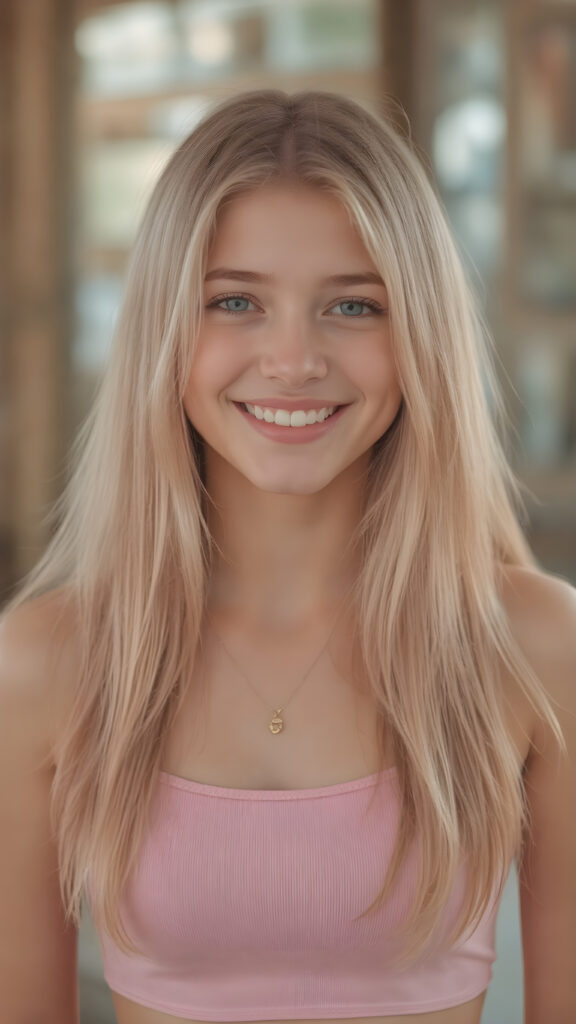 a detailed and realistic portrait, full body, warm tones, cute teen girl, stunning, gorgeous, she smile very happy and has long, straight soft pink hair, cropped short tank top