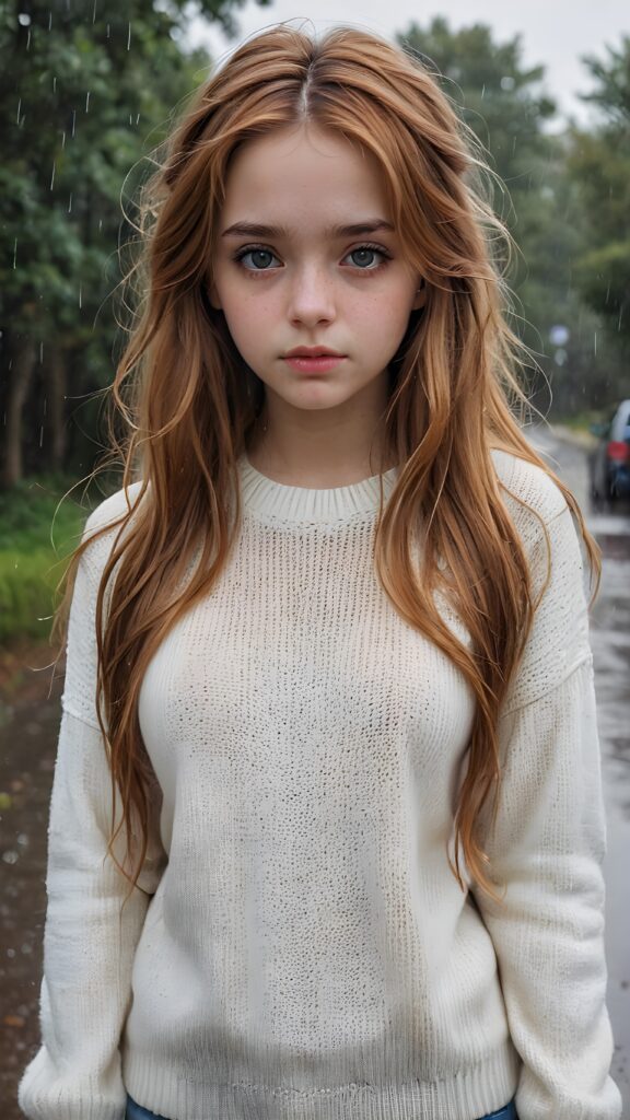 a detailed and realistic portrait of a sad teen girl with long amber hair, big eyes, lovesick and standing alone in the rain, wears a wet white sweater made of fine wool