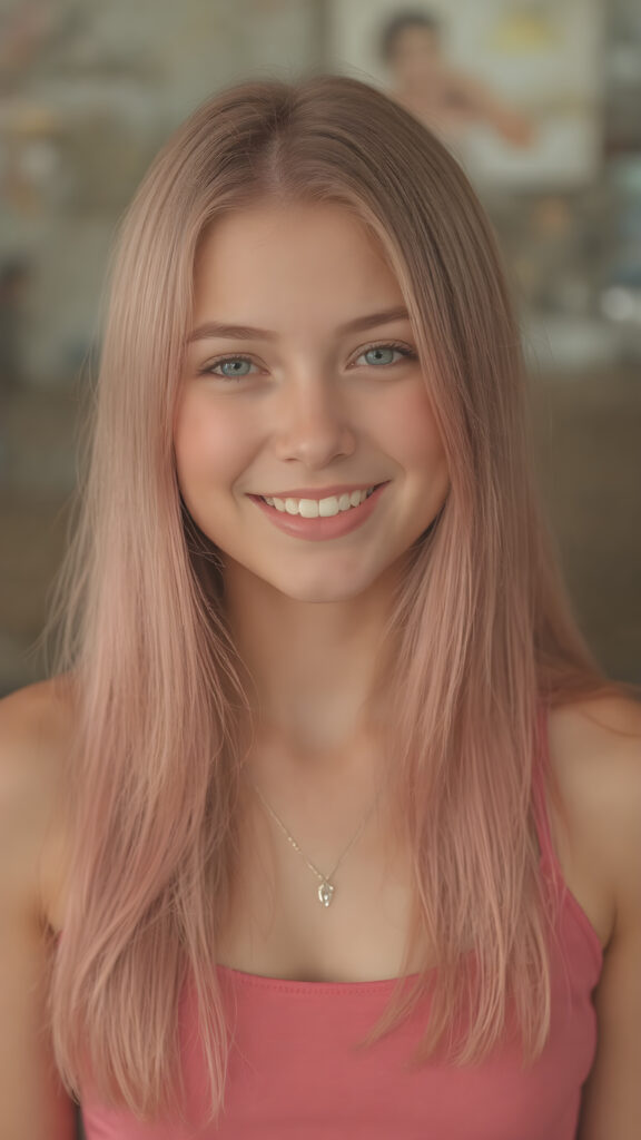 a detailed and realistic portrait, full body, warm tones, cute teen girl, stunning, gorgeous, she smile very happy and has long, straight soft pink hair, cropped short tank top