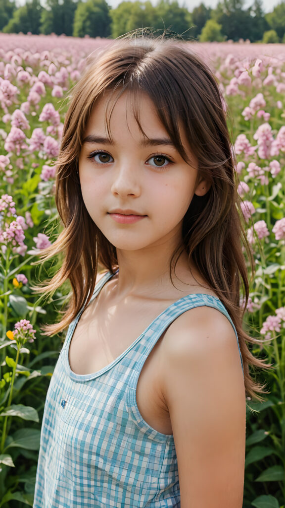 a detailed and perfect portrait with pastel colors, a young cute hippie girl, 13 years old, stands in a flower meadow. She wears a ((checkered tank top)), she look at the viewer, detailed shiny straight soft long brown hair, bangs cut, round detailed face