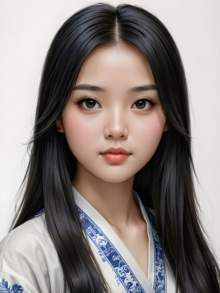 a detailed and realistic picture of a teen girl, traditional Chinese drawing style, she has long straight deep black hair, full lips, round face