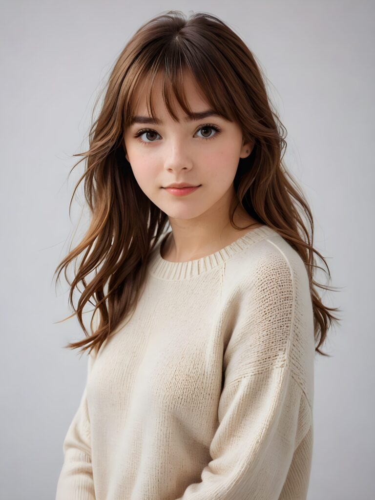 a detailed and realistic photo, a breathtakingly realistic (((portrait))), capturing the essence of a youthful teen girl with a flawlessly proportioned upper body, long, straight soft mahogany brown hair, bangs cut, aged 15, wears a thin wool sweater, posed confidently before the viewer, ((a white canvas as a background)), ((side view))