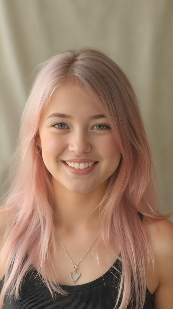 a detailed and realistic portrait, full body, warm tones, cute teen girl, stunning, gorgeous, she smile very happy and has long, straight soft pink hair, cropped short tank top