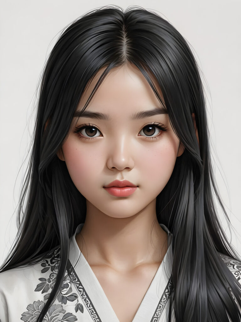 a detailed and realistic picture of a teen girl, traditional Chinese drawing style, she has long straight deep black hair, full lips, round face