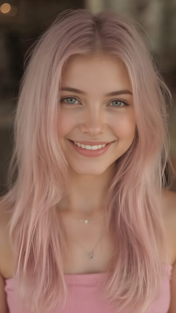 a detailed and realistic portrait, full body, warm tones, cute teen girl, stunning, gorgeous, she smile very happy and has long, straight soft pink hair, cropped short tank top