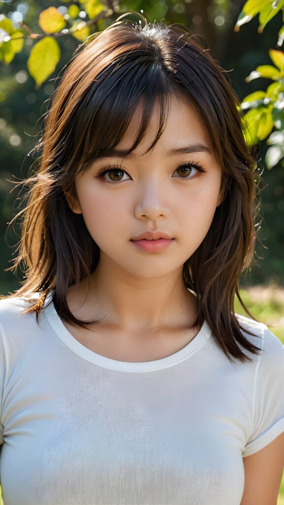 a detailed and realistic upper-body portrait from a Asian teen model girl, 15 years old, against a natural backdrop, detailed soft hair, her hair falls over her shoulders and reaches down to her waist, styled bangs, white short crop tight t-shirt, perfect curved body, ultra realistic round face, realistic amber eyes, kissable lips, she has opened her mouth slightly and looks seductively at the viewer, a photo with beautiful saturation, ultra high resolution, deep shadow, (best quality, masterpiece), break depth of field, film grain, ((full body view)) ((cute)) ((stunning))