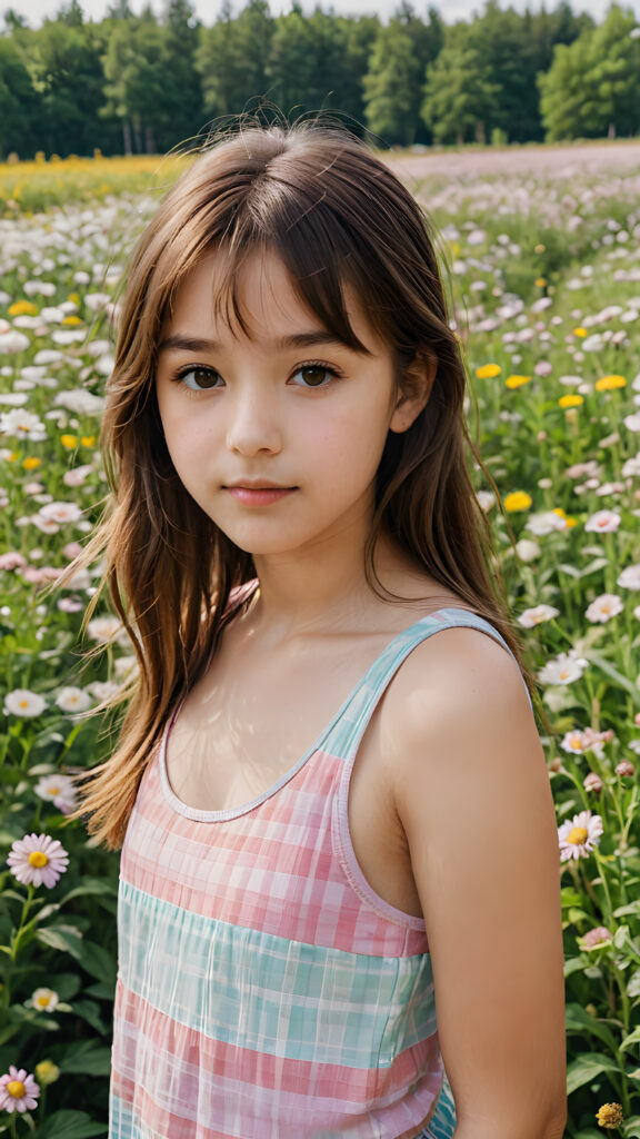 a detailed and perfect portrait with pastel colors, a young cute hippie girl, 13 years old, stands in a flower meadow. She wears a ((checkered tank top)), she look at the viewer, detailed shiny straight soft long brown hair, bangs cut, round detailed face