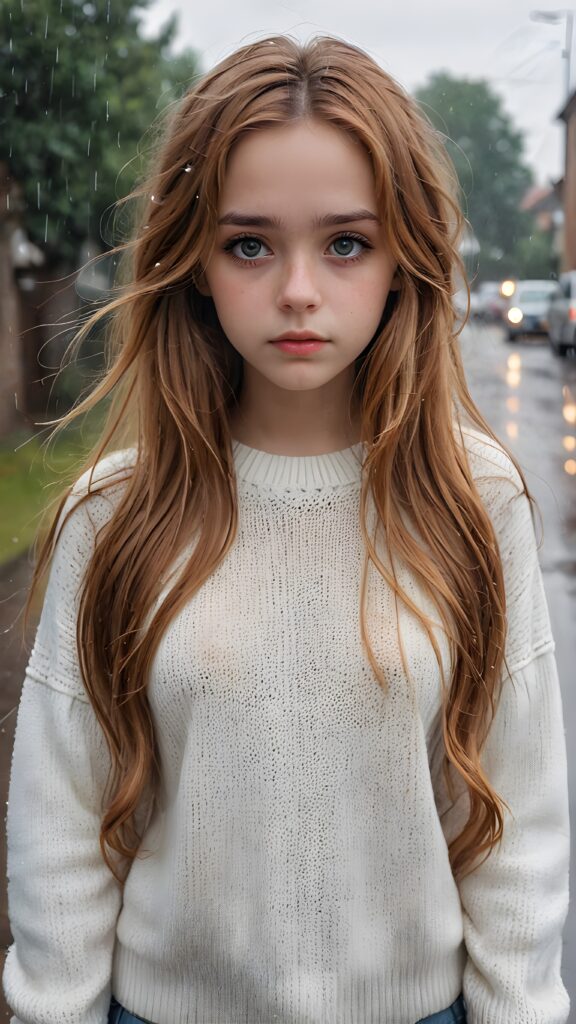 a detailed and realistic portrait of a sad teen girl with long amber hair, big eyes, lovesick and standing alone in the rain, wears a wet white sweater made of fine wool