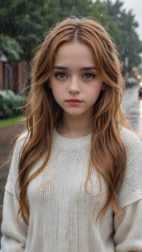 a detailed and realistic portrait of a sad teen girl with long amber hair, big eyes, lovesick and standing alone in the rain, wears a wet white sweater made of fine wool