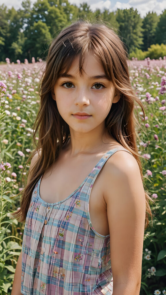 a detailed and perfect portrait with pastel colors, a young cute hippie girl, 13 years old, stands in a flower meadow. She wears a ((checkered tank top)), she look at the viewer, detailed shiny straight soft long brown hair, bangs cut, round detailed face