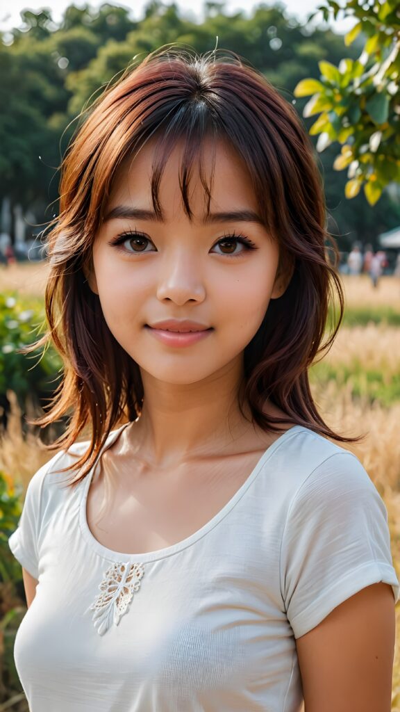 a detailed and realistic portrait from a Filipina teen girl, detailed hair, styled bangs, white short t-shirt, perfect curved body, ultra realistic face, realistic amber eyes, detailed maroon straight hair, a photo with beautiful saturation, ultra high resolution, deep shadow, (best quality, masterpiece), highly detailed, skinny, break depth of field, film grain, looking at viewer, warm smile, ((full body view)) (((cute))) (((elegant))) ((attractive)) ((female model)) ((stunning))