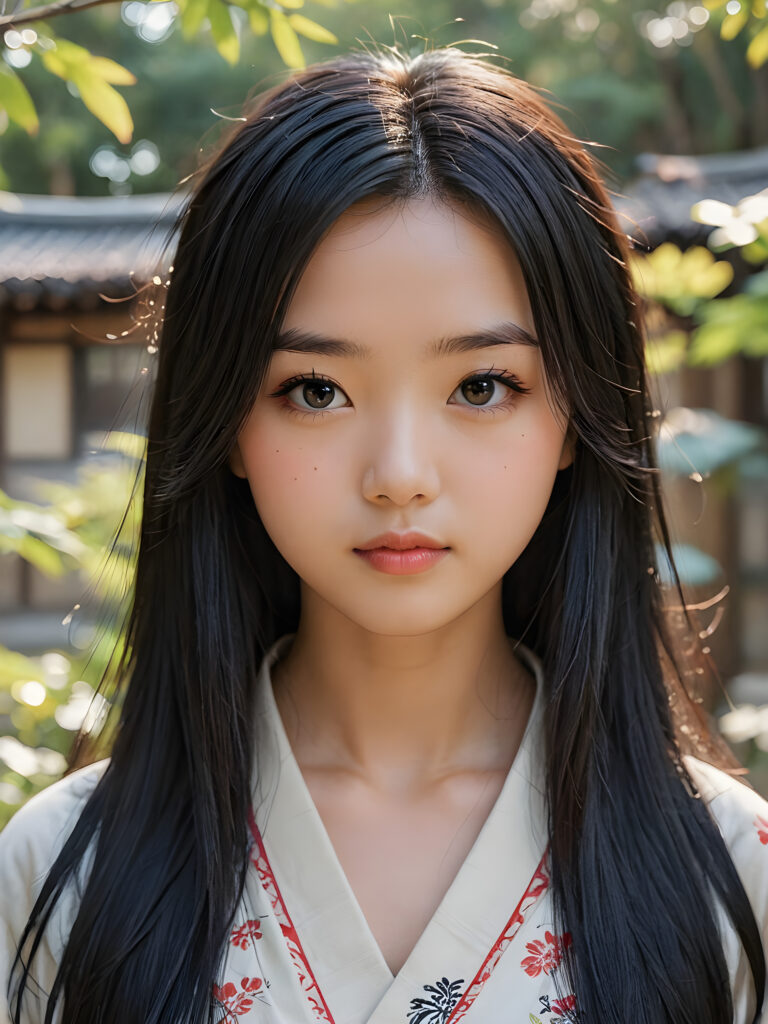 a detailed and realistic picture of a teen girl, traditional Japanese drawing style, she has long straight deep black hair, full lips, round face