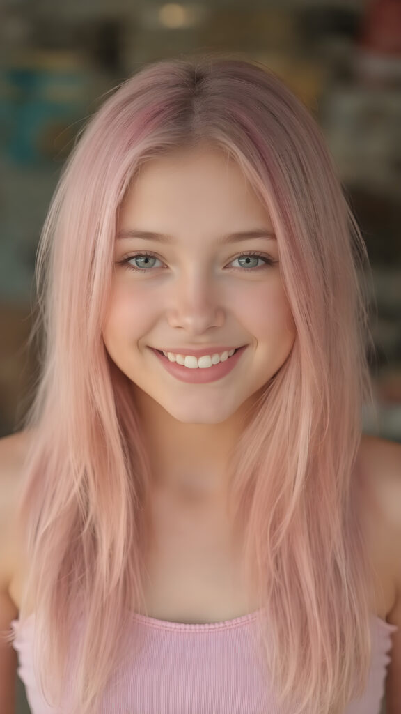 a detailed and realistic portrait, full body, warm tones, cute teen girl, stunning, gorgeous, she smile very happy and has long, straight soft pink hair, cropped short tank top