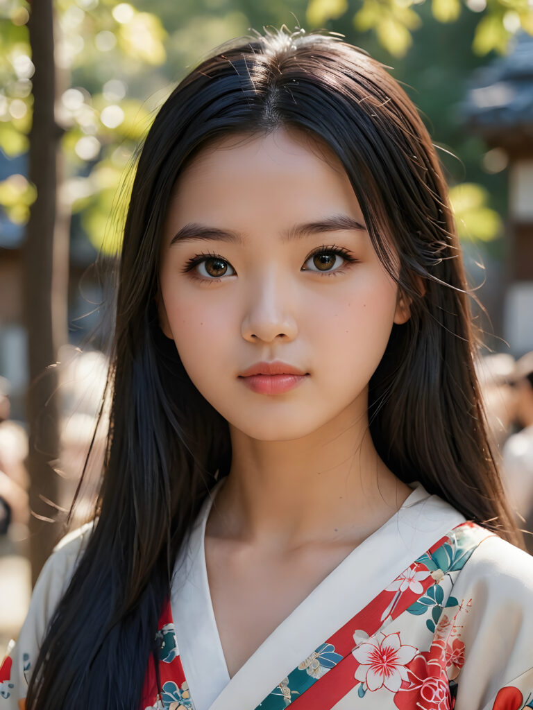 a detailed and realistic picture of a teen girl, traditional Japanese drawing style, she has long straight deep black hair, full lips, round face