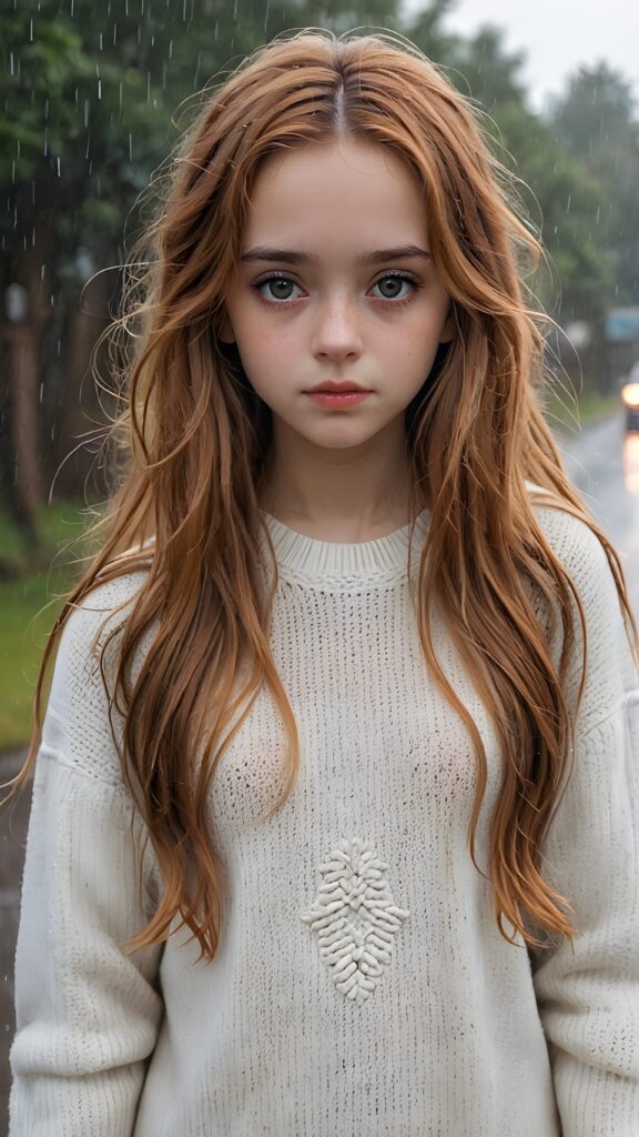 a detailed and realistic portrait of a sad teen girl with long amber hair, big eyes, lovesick and standing alone in the rain, wears a wet white sweater made of fine wool